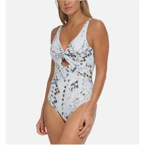 DKNY Women 16 Blue White Peek-a-Boo Twist Underwire One-Piece Swimsuit Beach NEW